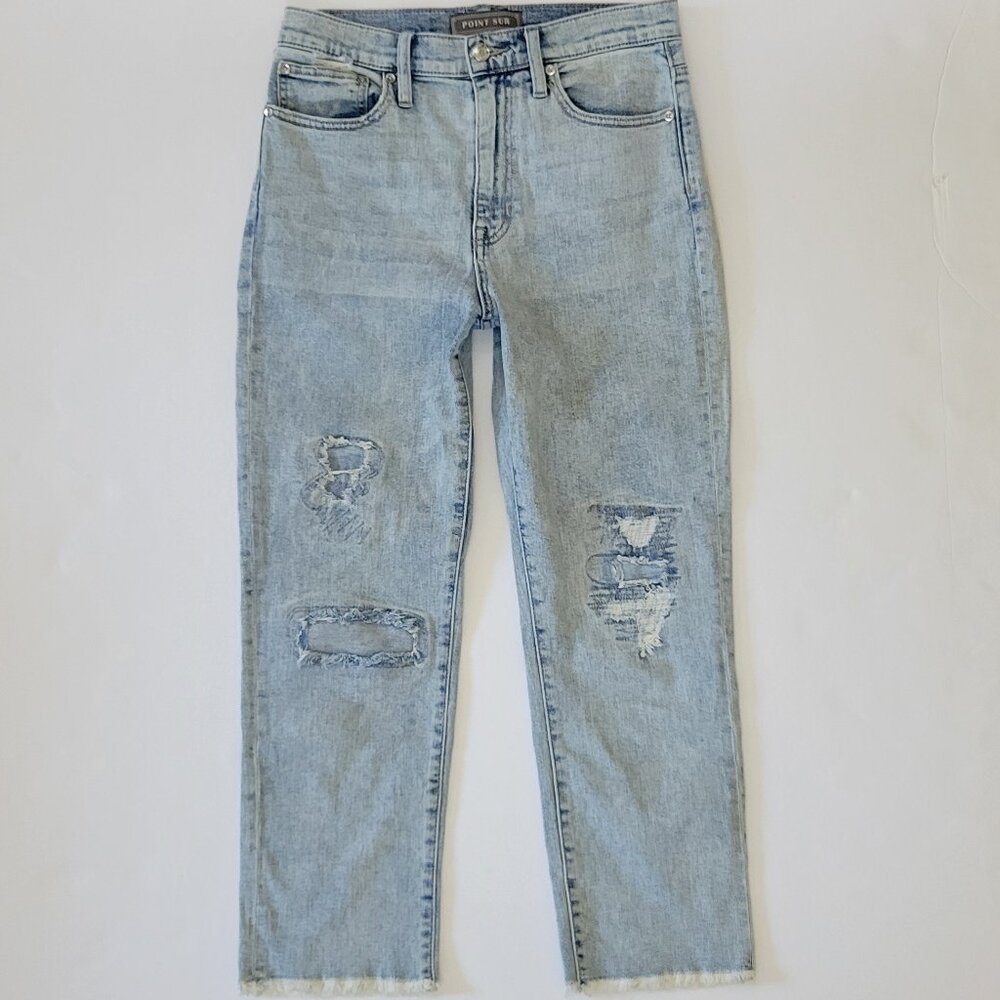 Point Sur Denim by J Crew High Rise Slim Boyfriend Distressed Raw Hem Jean